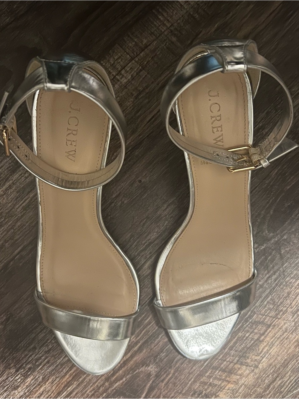 J. Crew Silver Metallic Ankle-Strap Heels